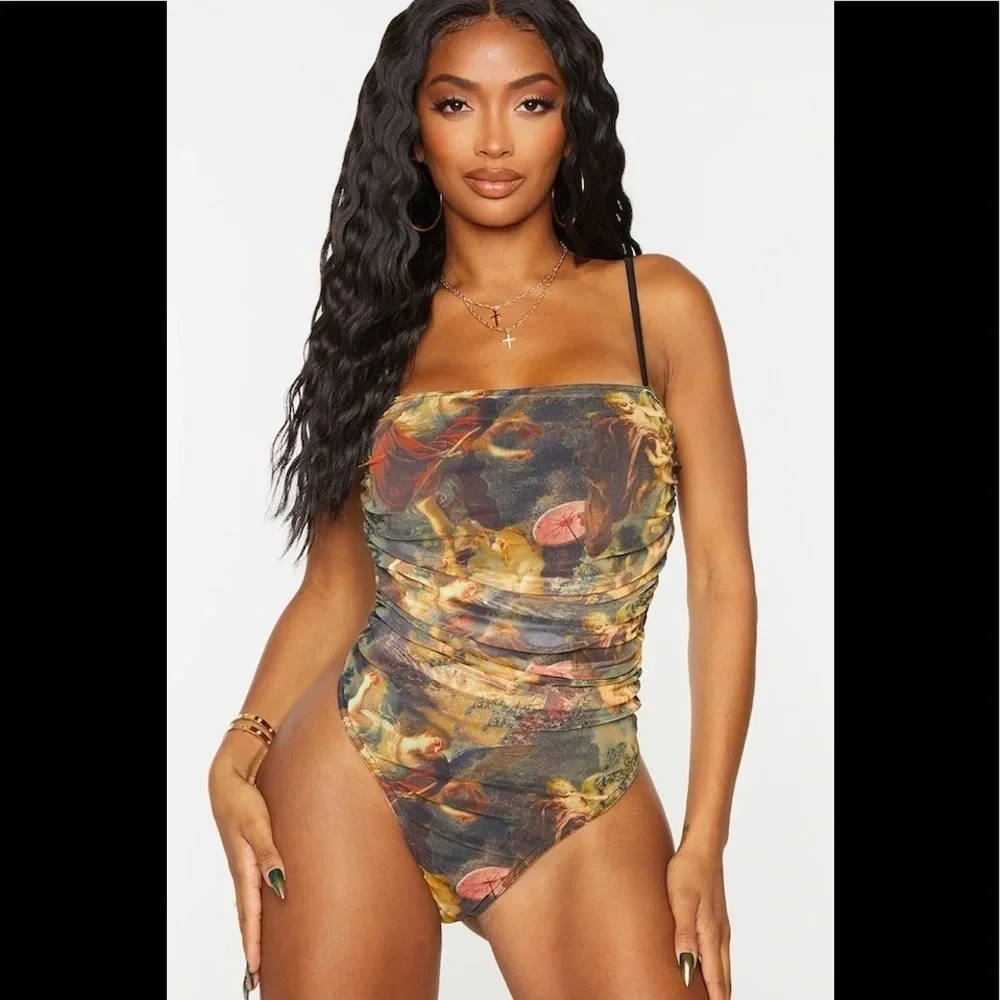 Plt Shape Brown Renaissance Print Mesh Ruched Thong Bodysuit - Picture 1 of 12